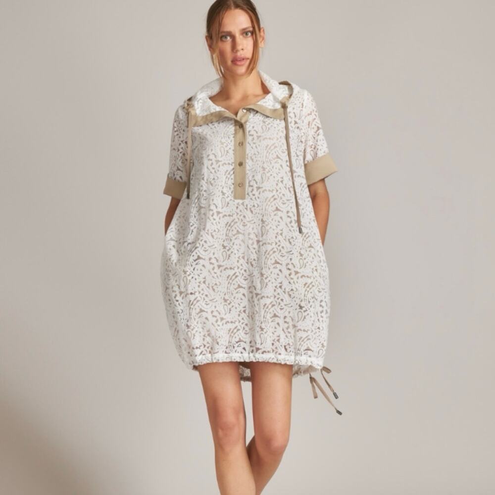 Tricot Chic Italian Luxury Brand White Guipure Lace Dress, Tan Details, Size 6